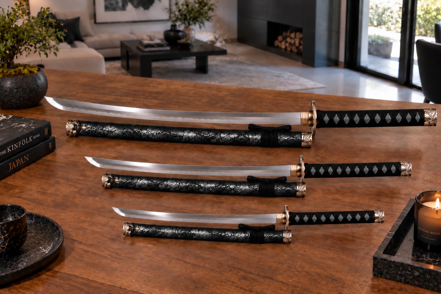Collection de katanas noirs japonais comprenant katana wakizashi et tanto