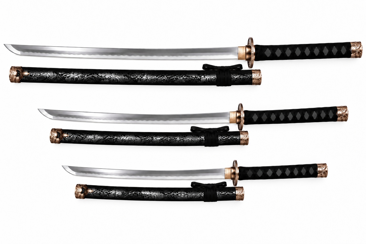 Ensemble de katanas japonais noirs haut de gamme avec fourreaux dragon