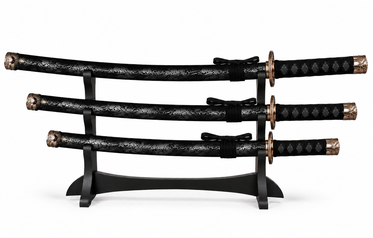 Support noir avec set de 3 katanas japonais décoratifs style samouraï