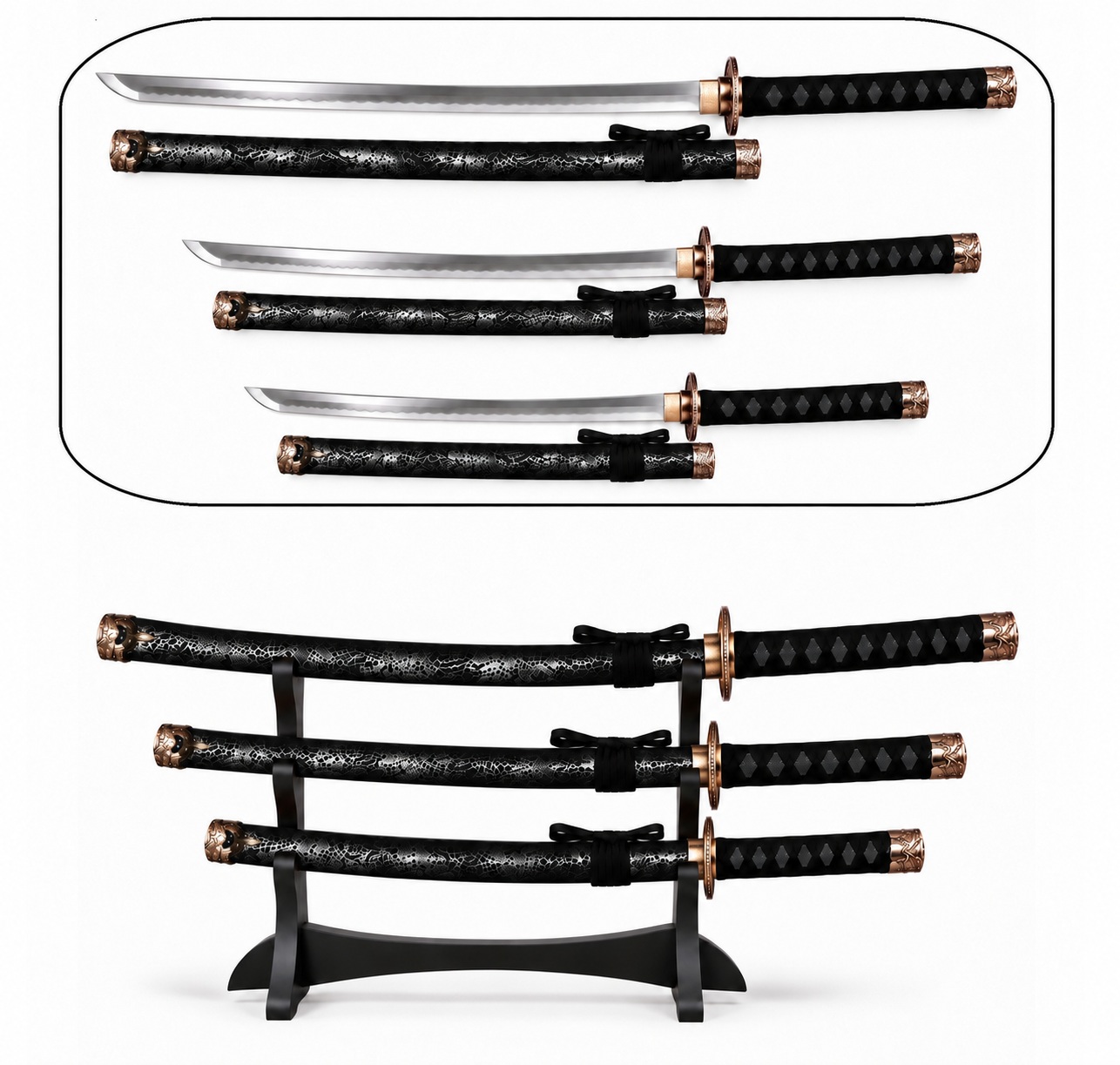 Set de 3 katanas japonais noirs motif dragon avec support de présentation