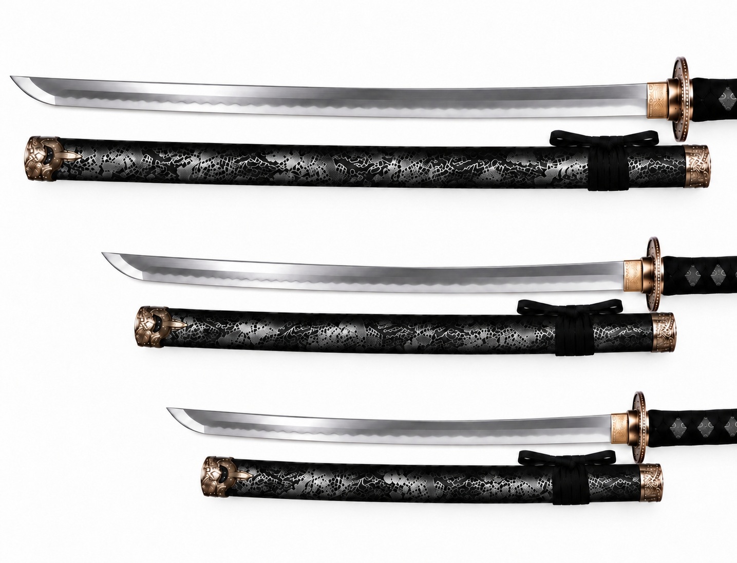 Trio de katanas japonais noirs décoratifs avec lames acier et fourreaux dragon