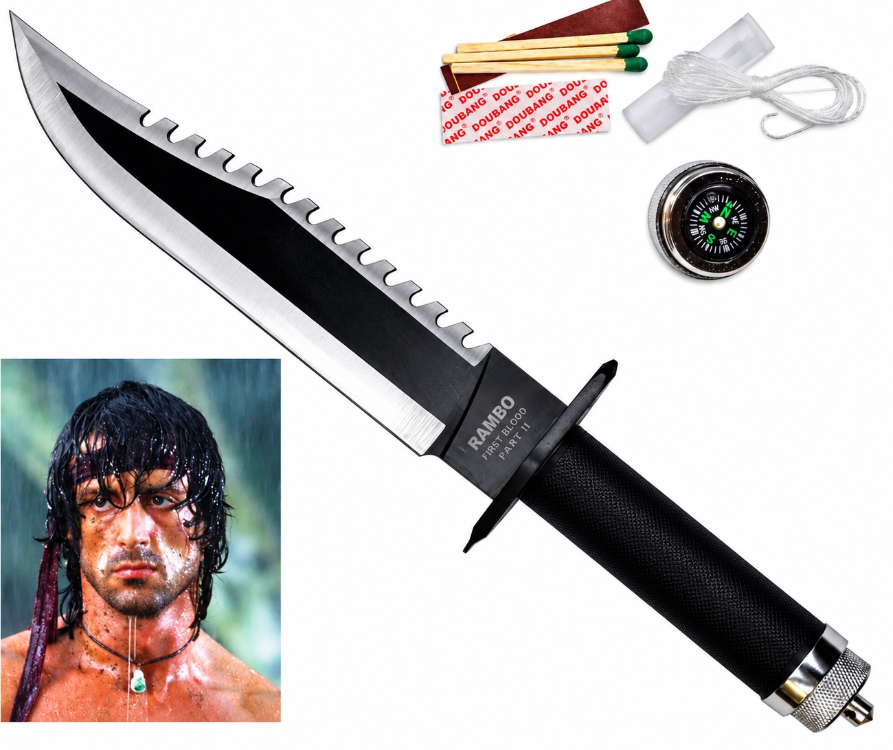 Couteau de survie Rambo First Blood Part II avec boussole, fil de pêche et allumettes