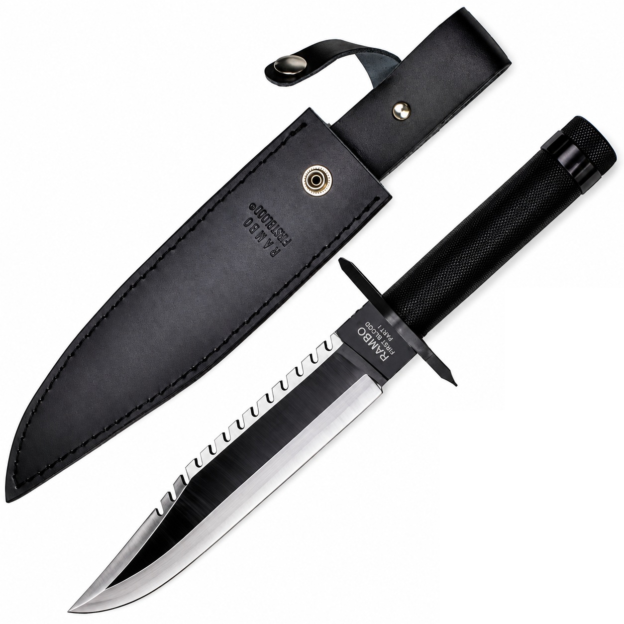 Couteau Rambo First Blood Part II 36 cm avec lame Bowie dentée et fourreau noir de collection.