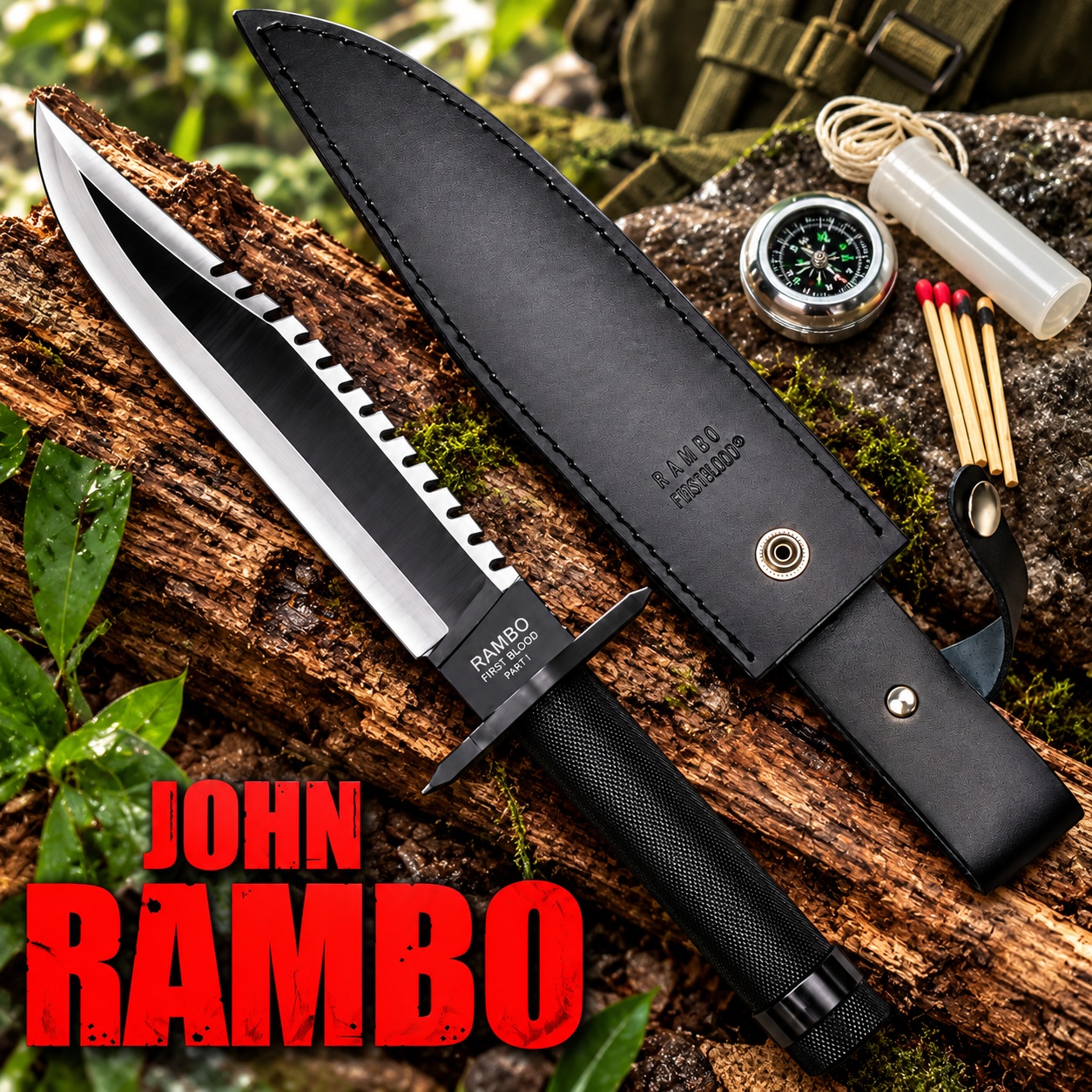 Couteau Rambo First Blood en situation outdoor sur tronc d’arbre avec accessoires de survie en forêt.