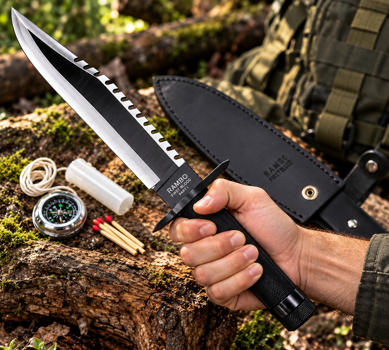 Grand couteau de survie Rambo 36 cm tenu en main pour illustrer les dimensions réelles de la lame et du manche.