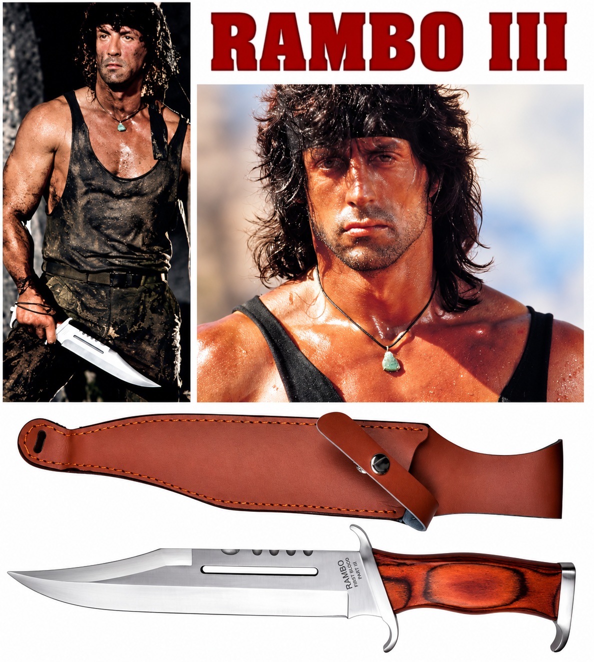 couteau rambo 3 first blood part 3 avec étui cuir marron et photos de rambo