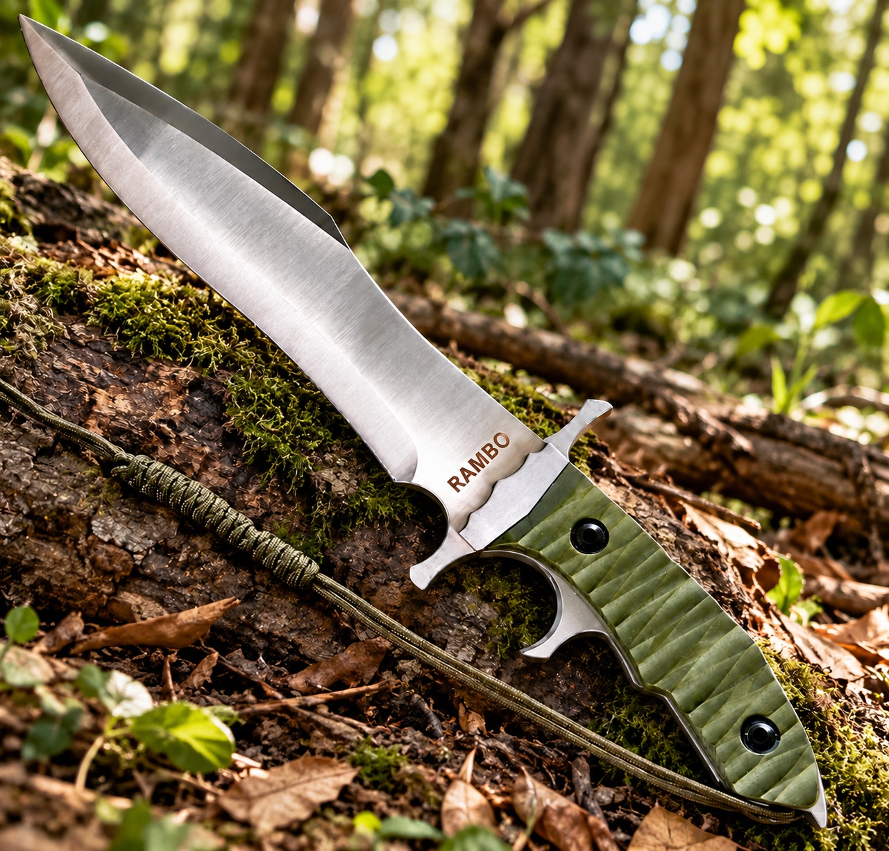 Couteau Rambo 5 en situation dans une forêt style survie outdoor