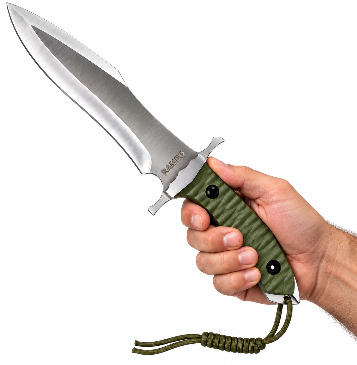 Taille réelle du couteau Rambo 5 tenu en main 38 cm