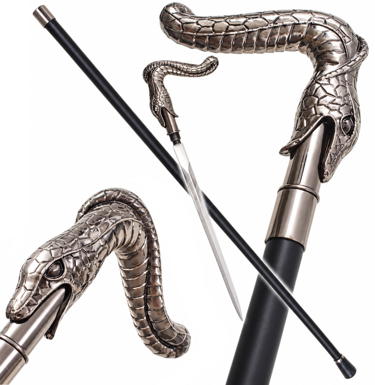 canne épée serpent luxe avec lame sortie et pommeau sculpté
