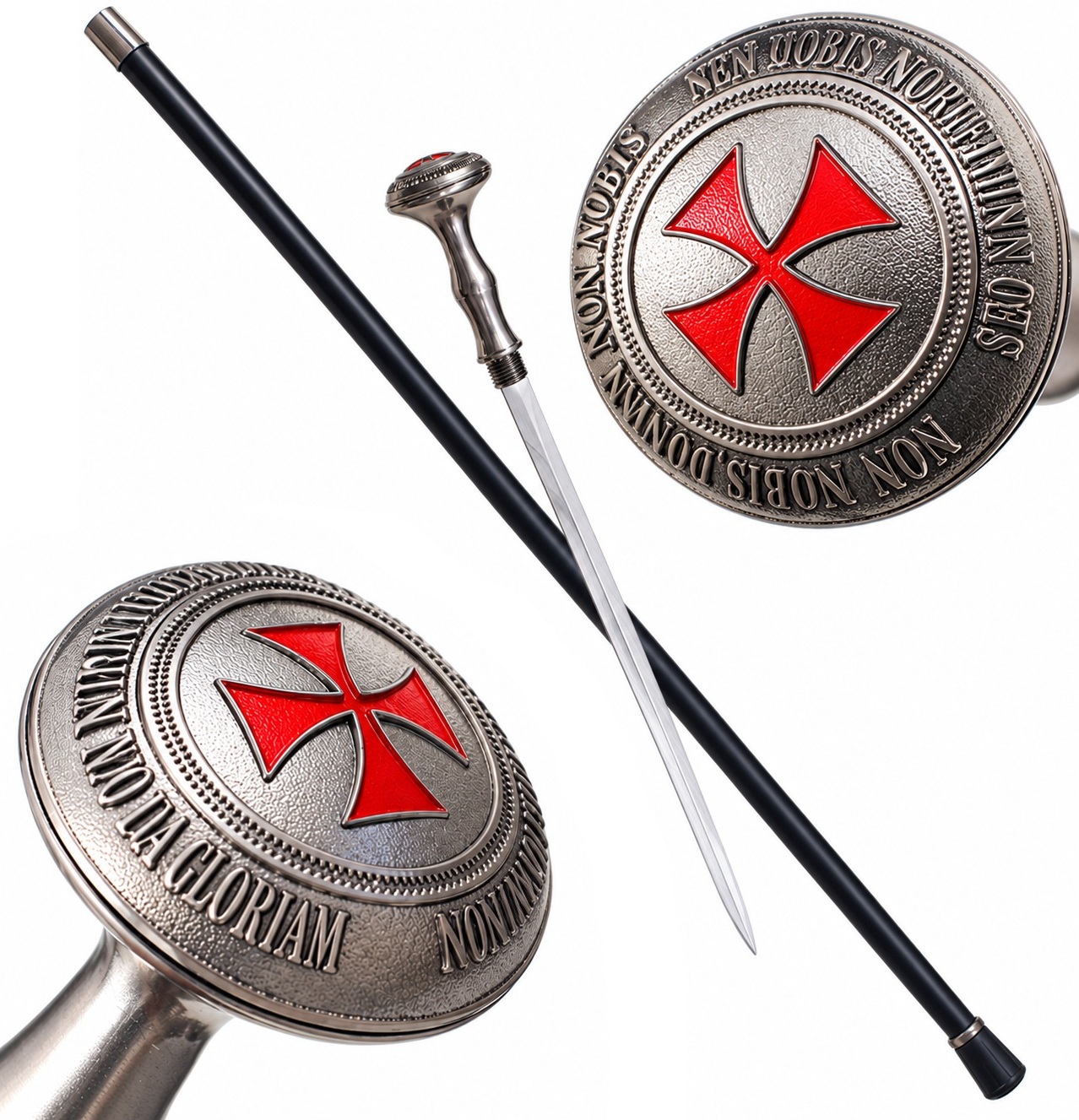 Canne épée luxe Les Templiers avec pommeau décoré de la croix rouge