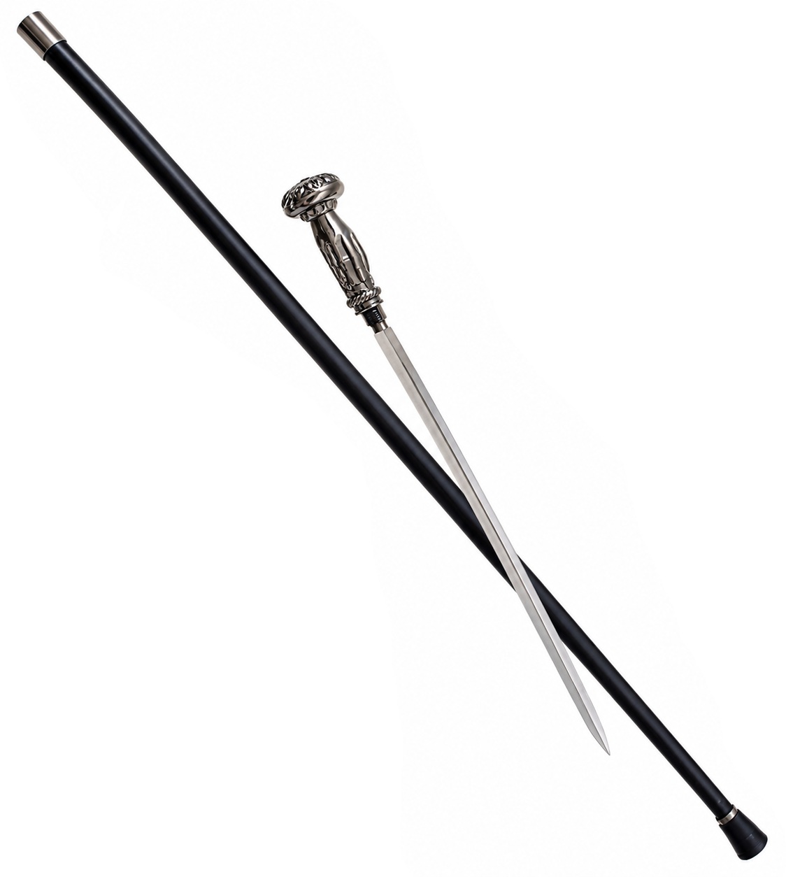 Canne épée noire avec lame apparente et pommeau argenté