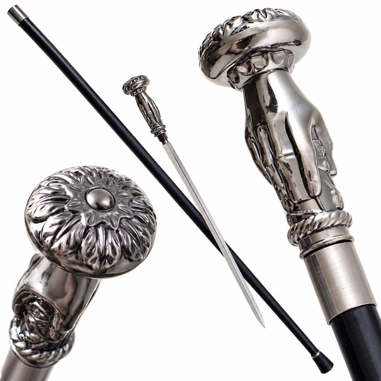 Canne épée luxe noire et argentée avec pommeau sculpté et lame