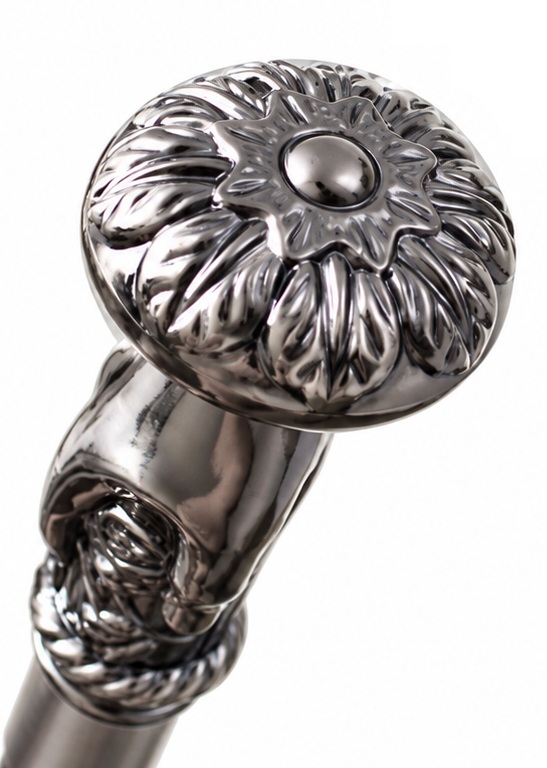 Pommeau de canne épée luxe en métal argenté avec motifs floraux