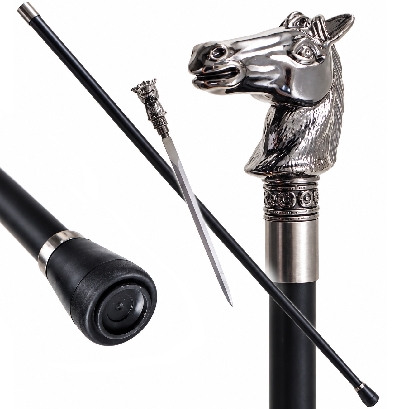 Canne épée cheval sculpté avec lame intégrée – vue détaillée