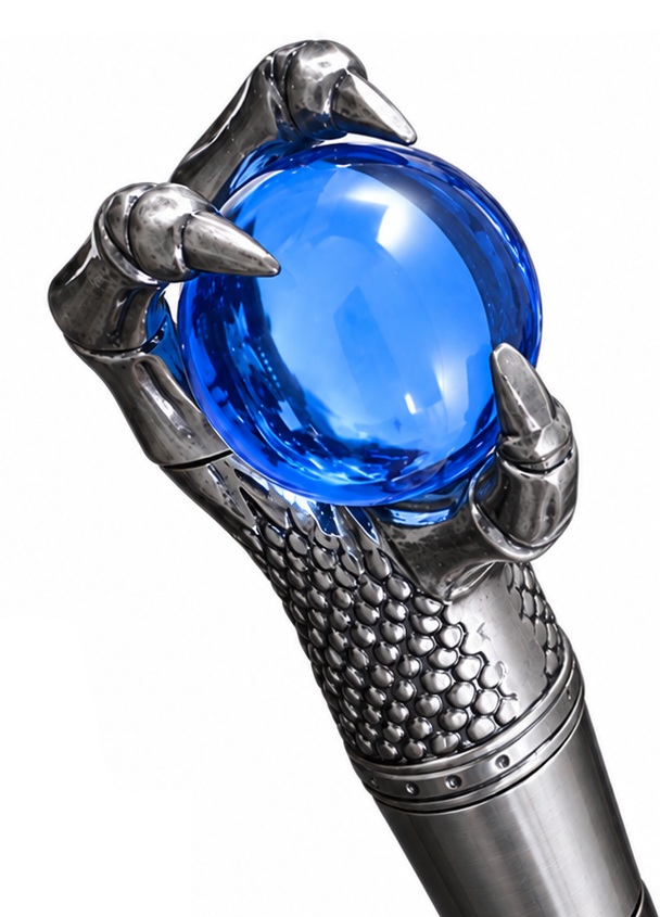 Canne épée dragon luxe avec pommeau boule bleue et finition métal