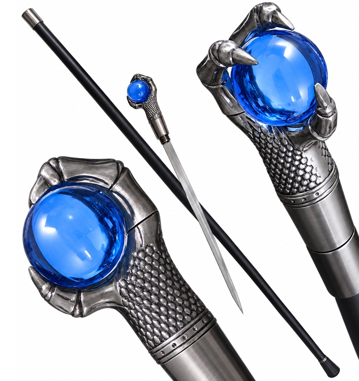 Canne épée dragon luxe avec pommeau bleu et lame intégrée