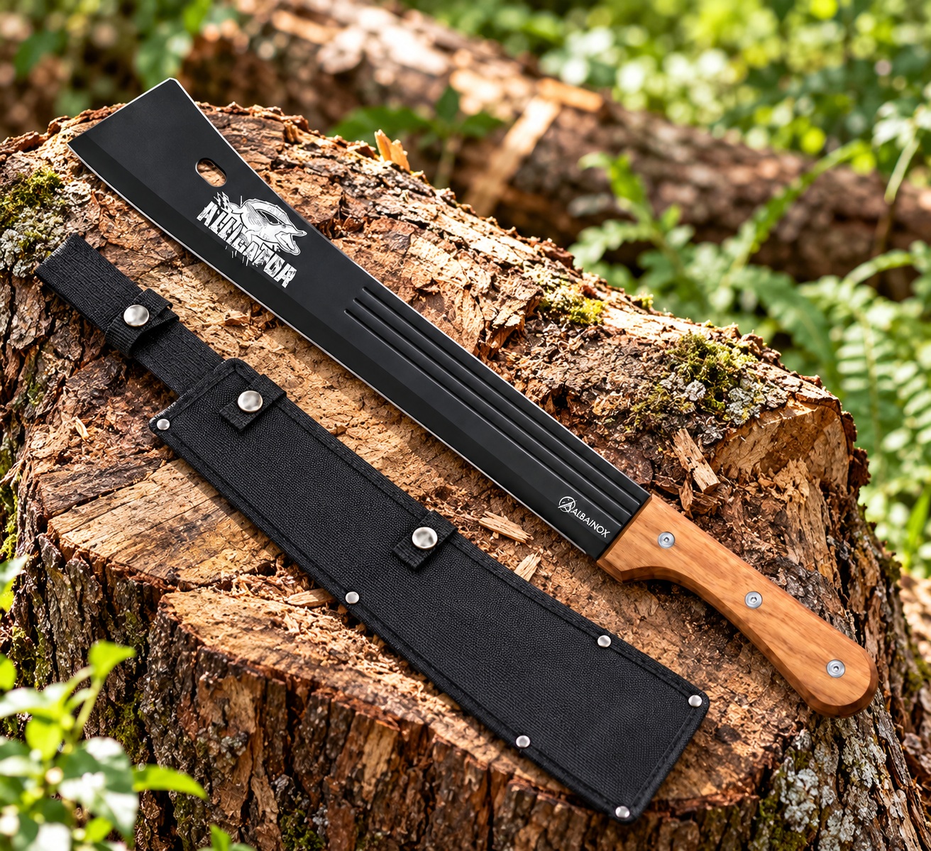 Machette coupe-coupe Alligator Albainox posée sur un tronc d’arbre avec étui