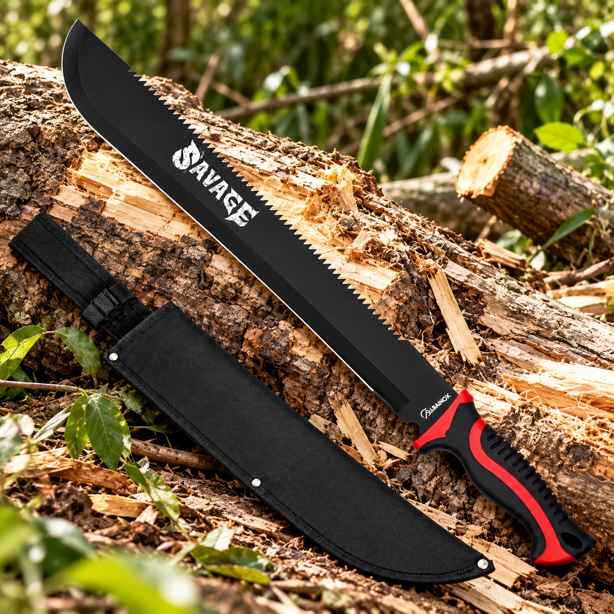 Machette SAVAGE ALBAINOX mise en situation sur tronc d’arbre