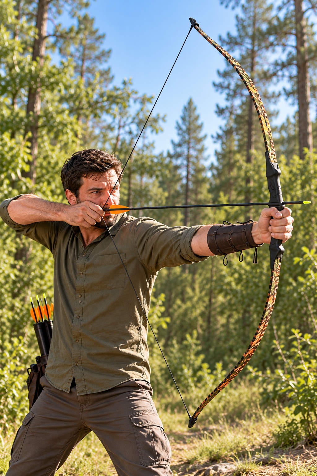 Homme utilisant un arc recurve Robin des Bois 30-35 lbs en forêt