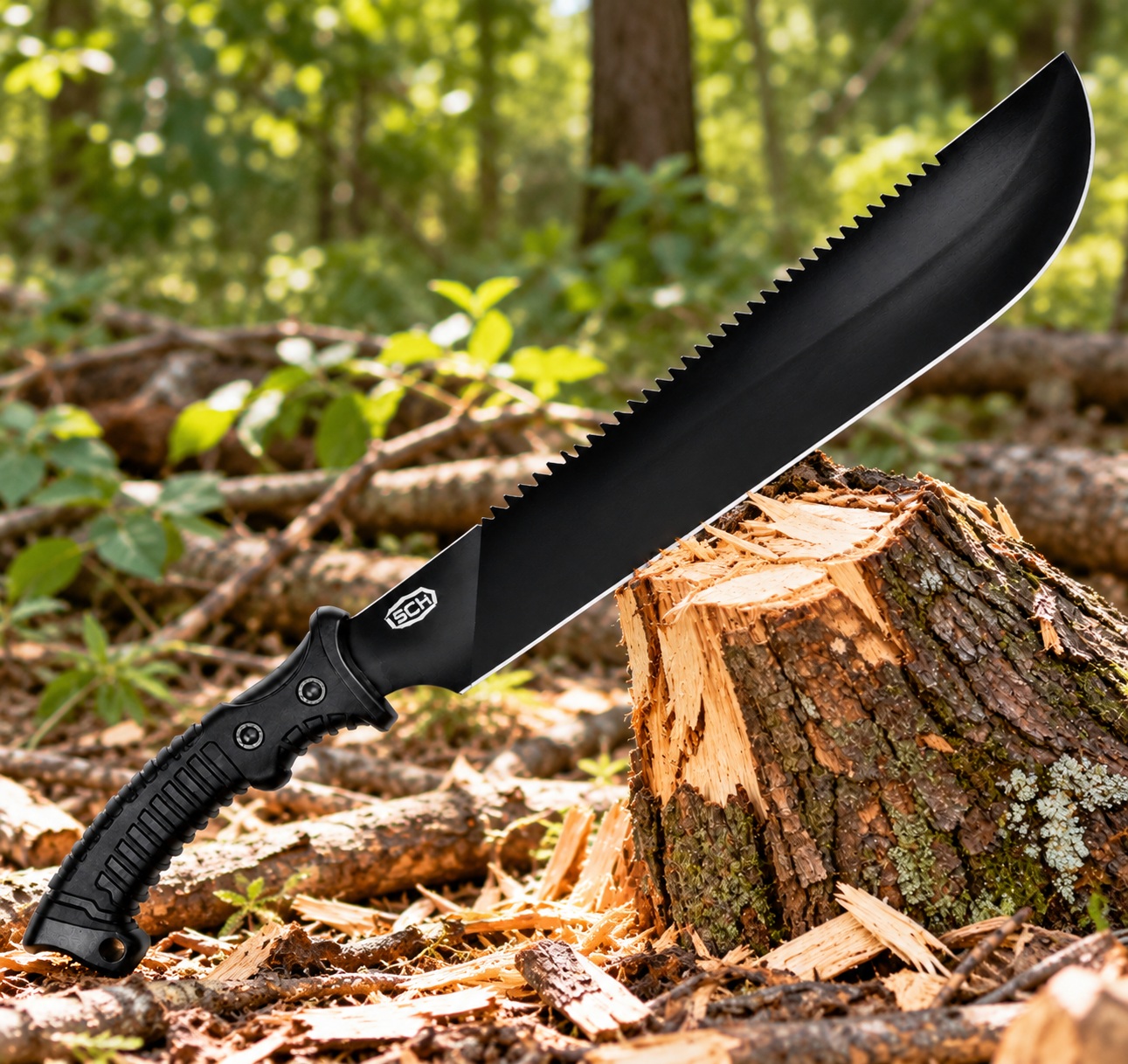 Machette coupe-coupe SCH avec scie posée sur une souche