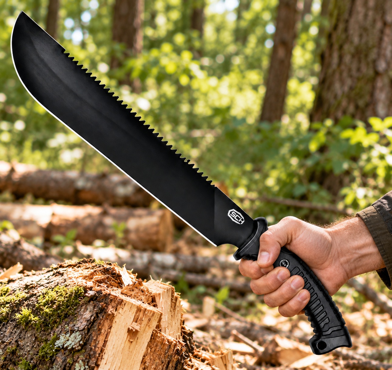 Machette SCH 46,5 cm tenue en main dans une forêt
