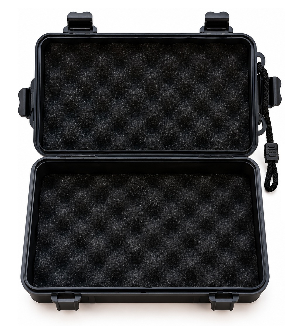 Coffret rigide noir ouvert pour kit de survie tactique
