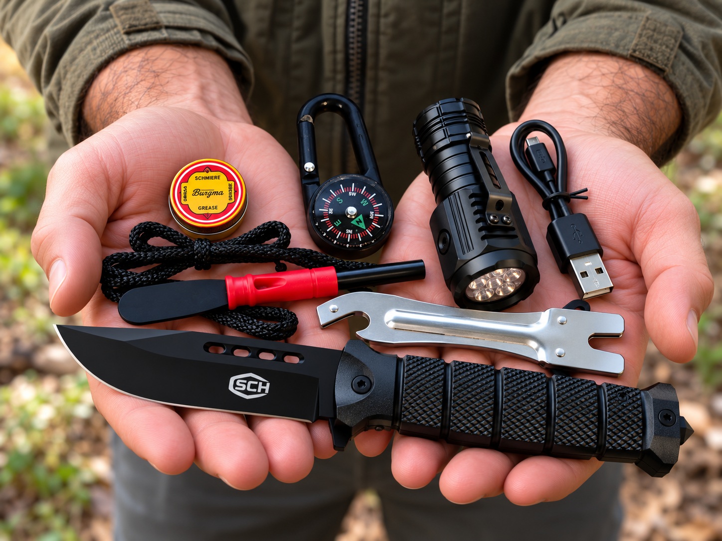 Kit de survie tactique avec couteau, lampe et boussole dans les mains