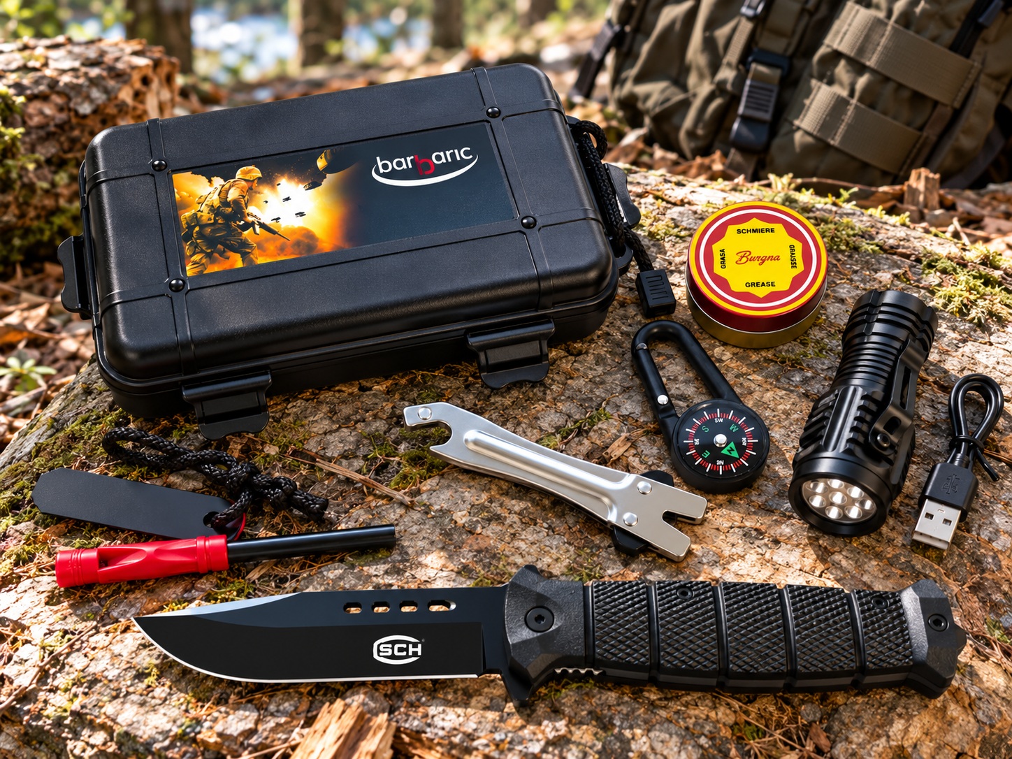 Kit de survie complet avec couteau et accessoires posé en forêt