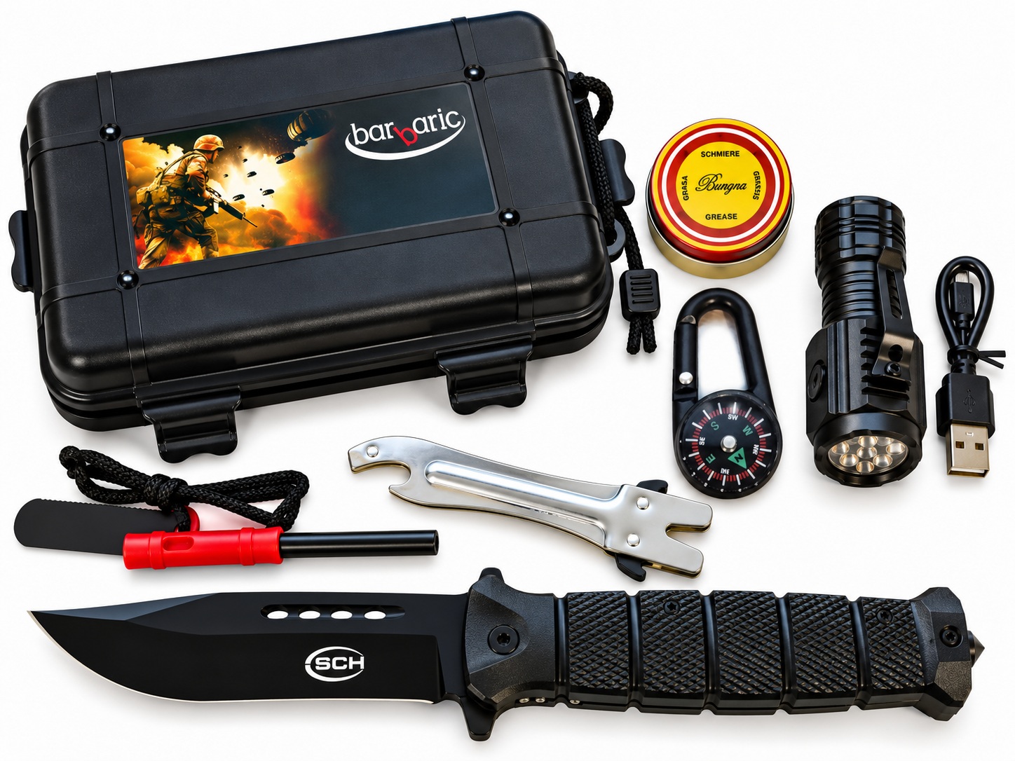Kit de survie tactique complet avec couteau, lampe, boussole et accessoires