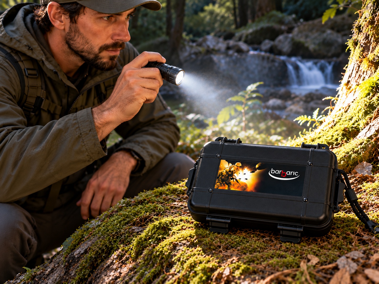 Aventurier utilisant une lampe avec mallette de survie en forêt