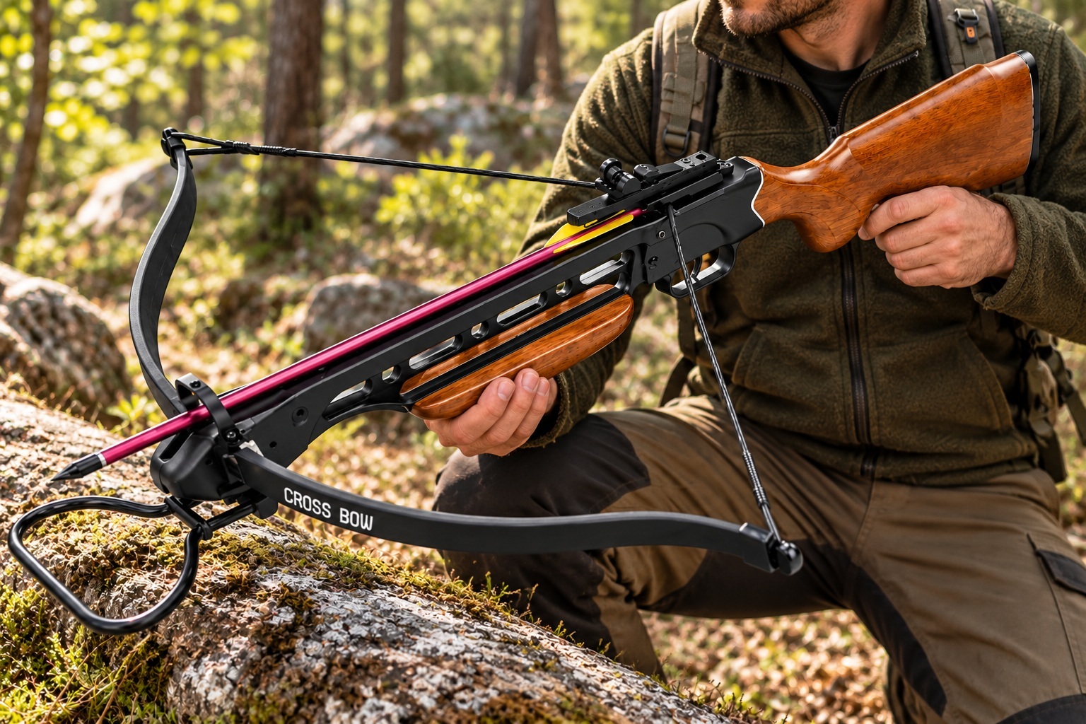 Arbalète Extreme Crossbow 150 lbs en bois mise en situation en forêt