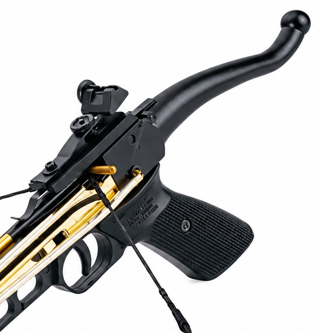Arbalète pistolet 80 lbs noire et dorée Cobra System – détail poignée et visée