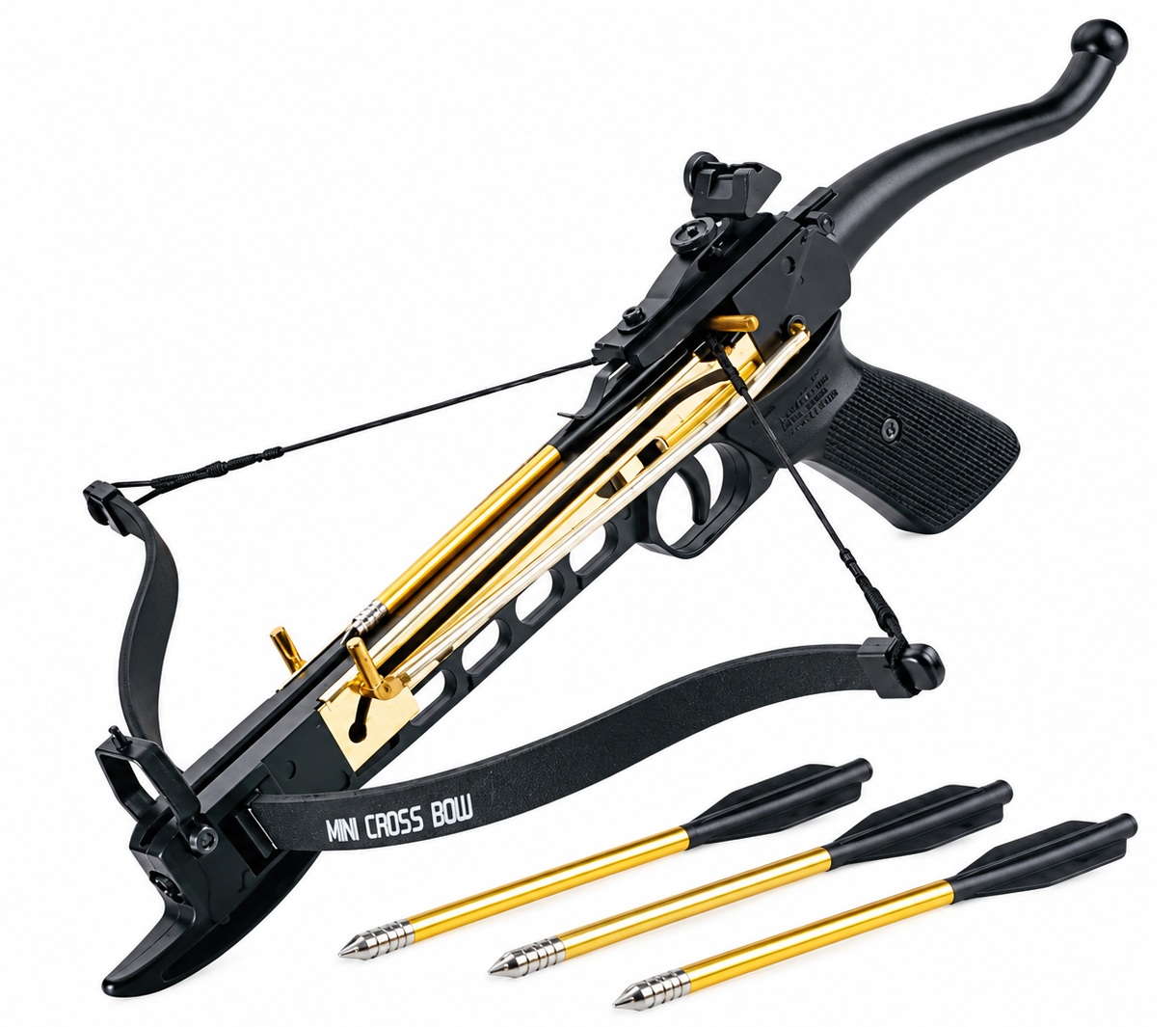 Arbalète pistolet 80 lbs noire et dorée avec 3 traits aluminium