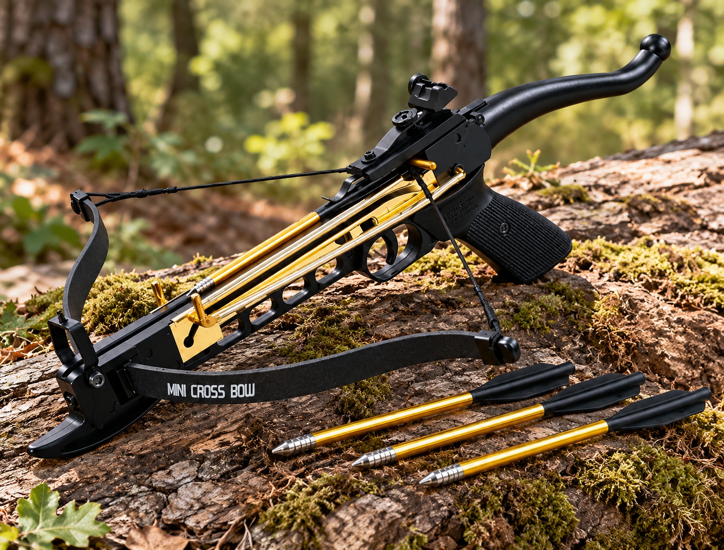 Arbalète pistolet 80 lbs outdoor posée sur un tronc d’arbre