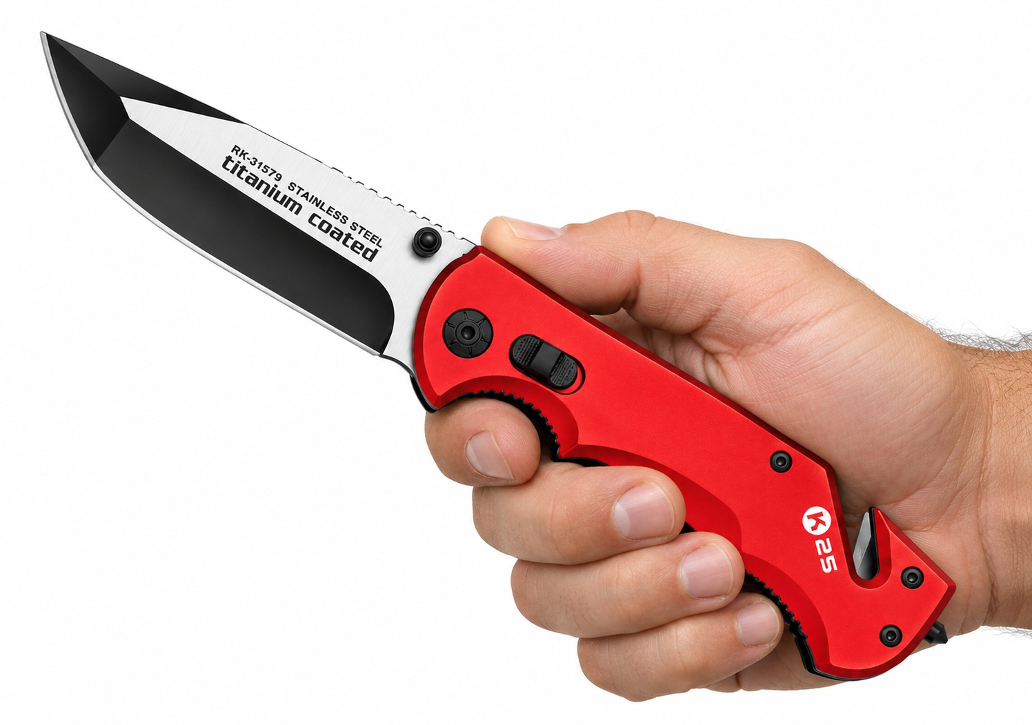 Couteau pliant Pompier K25 21 cm rouge tenu en main