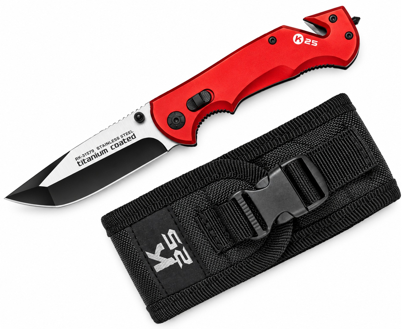Couteau pliant Pompier K25 rouge avec étui nylon