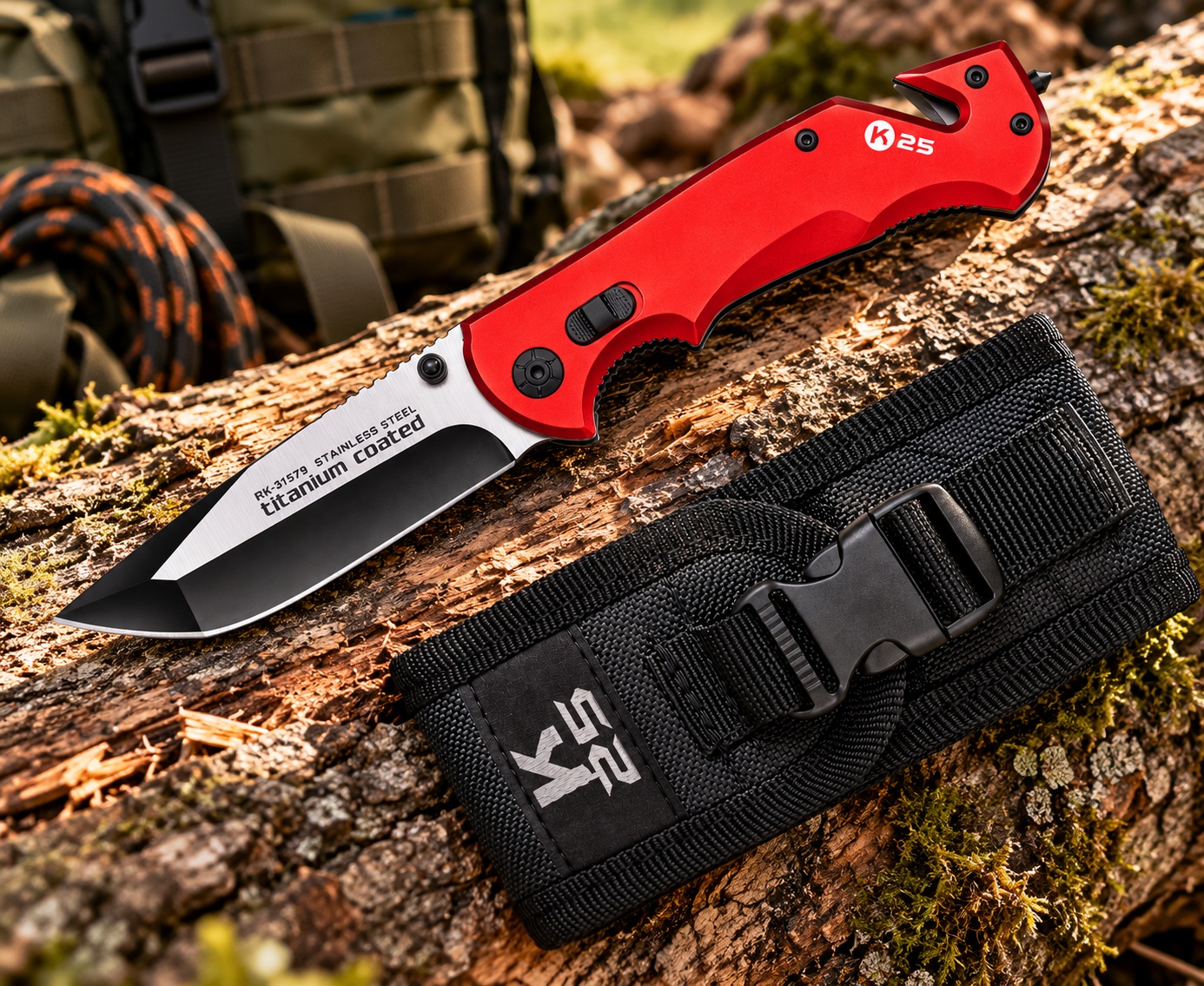 Couteau pliant Pompier K25 rouge avec étui en mise en situation outdoor