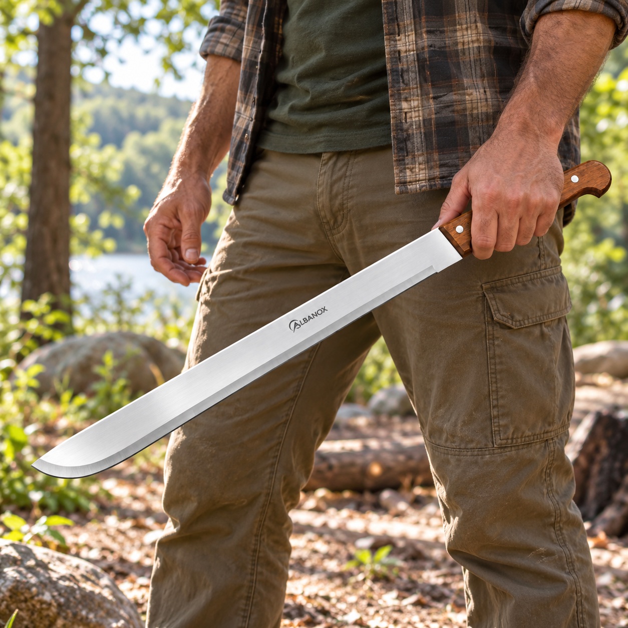 Machette coupe-coupe Albainox 58,5 cm avec manche en bois en forêt