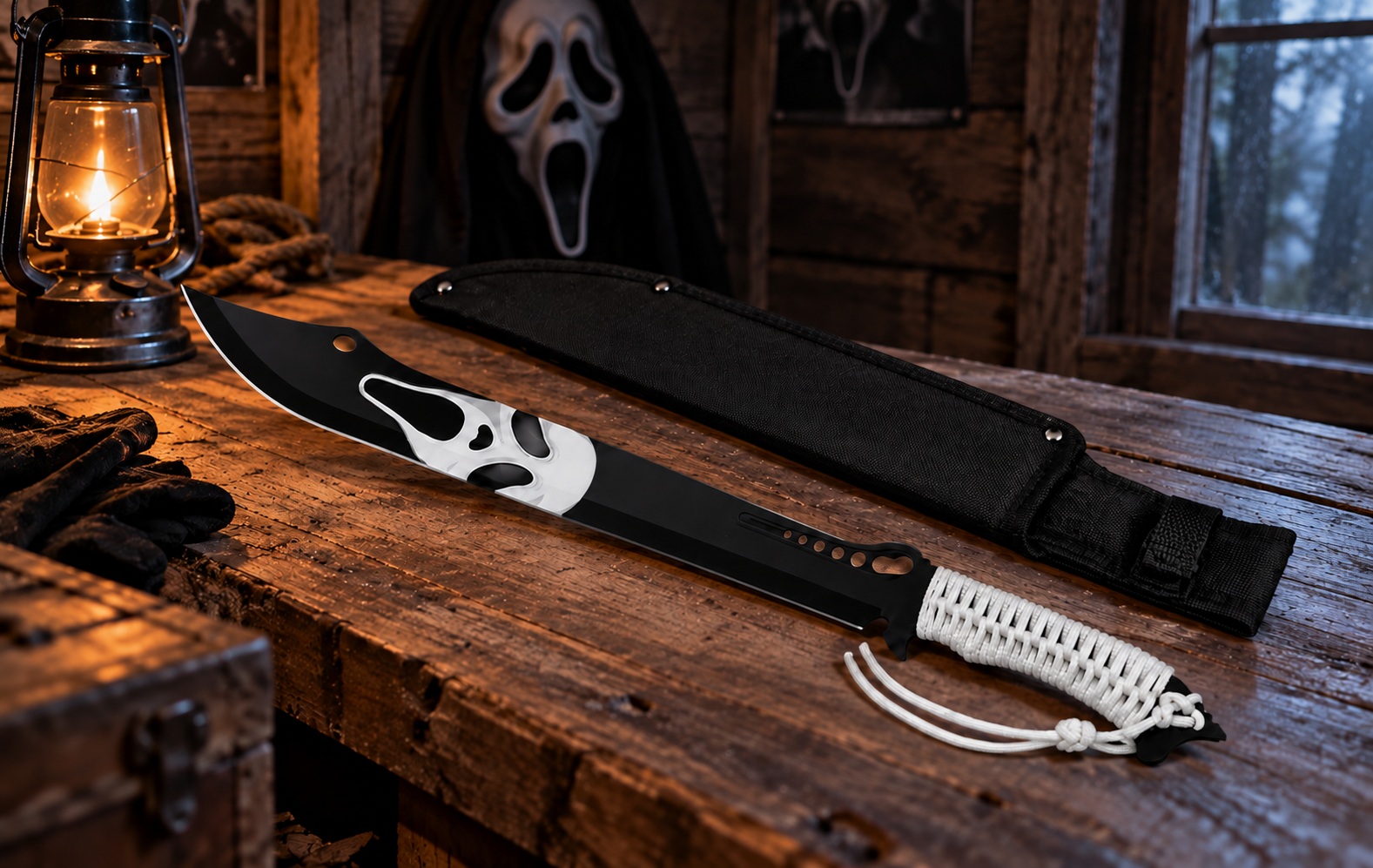 Machette SCREAM Albainox 49 cm posée sur une table en bois dans une cabane.