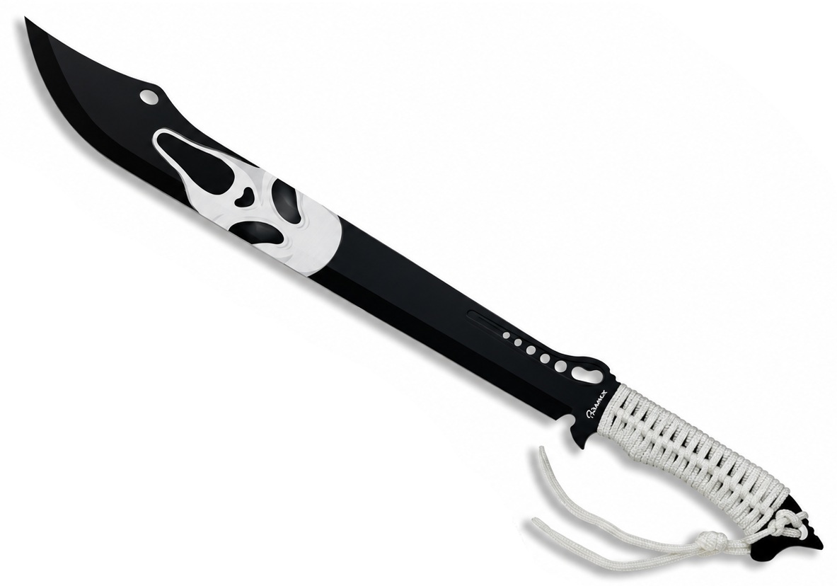 Machette SCREAM Albainox 49 cm avec lame noire et manche en cordelette blanche.