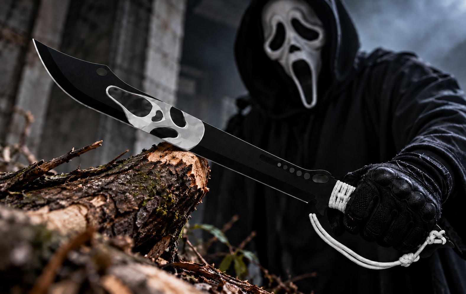 Machette SCREAM Albainox inspirée du film Scream avec personnage masqué en arrière-plan.