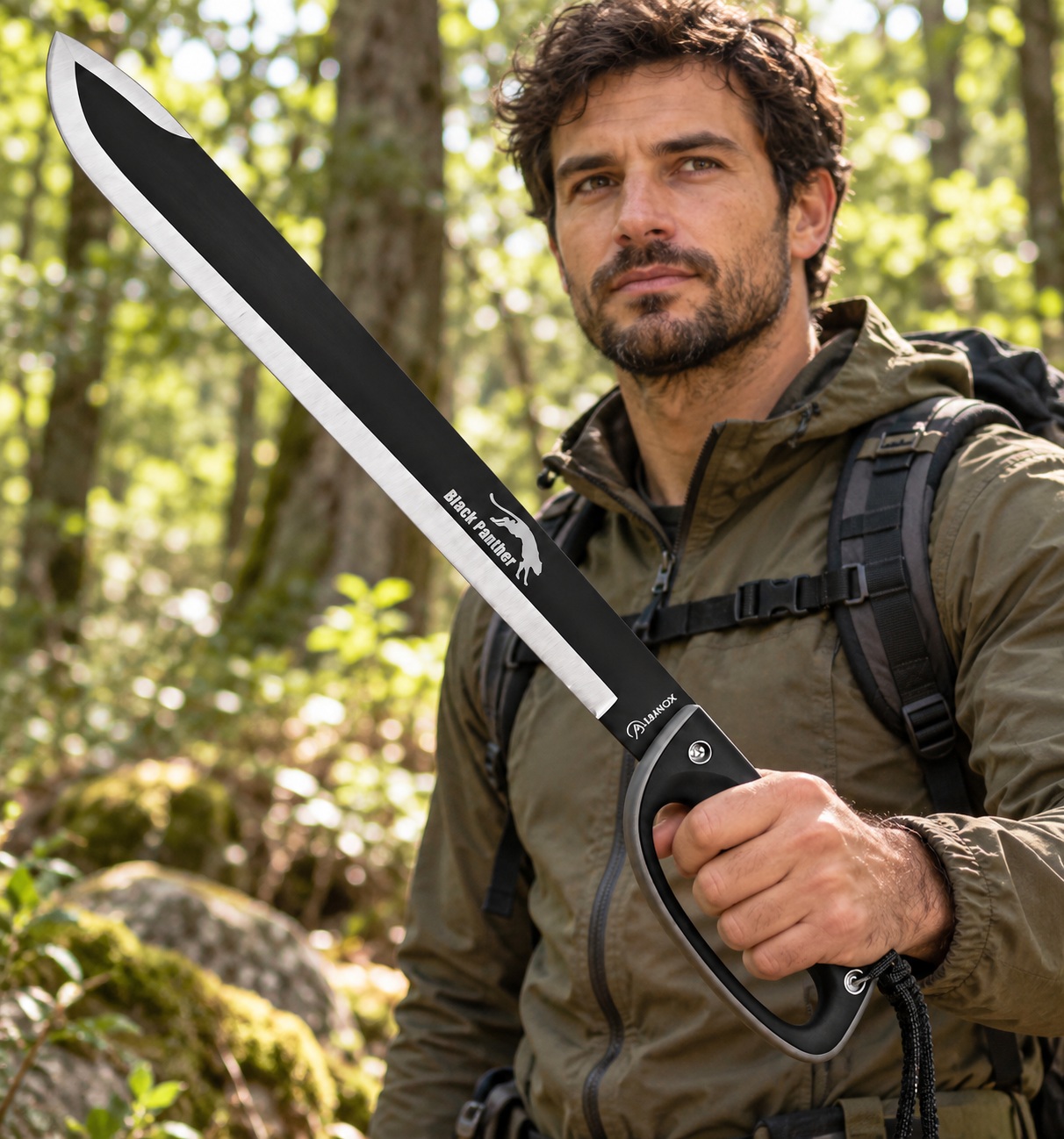 Machette Black Panther Albainox 61,5 cm tenue par un homme en forêt.