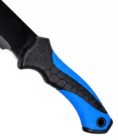 Gros plan du manche ergonomique noir et bleu de la machette 65 cm.