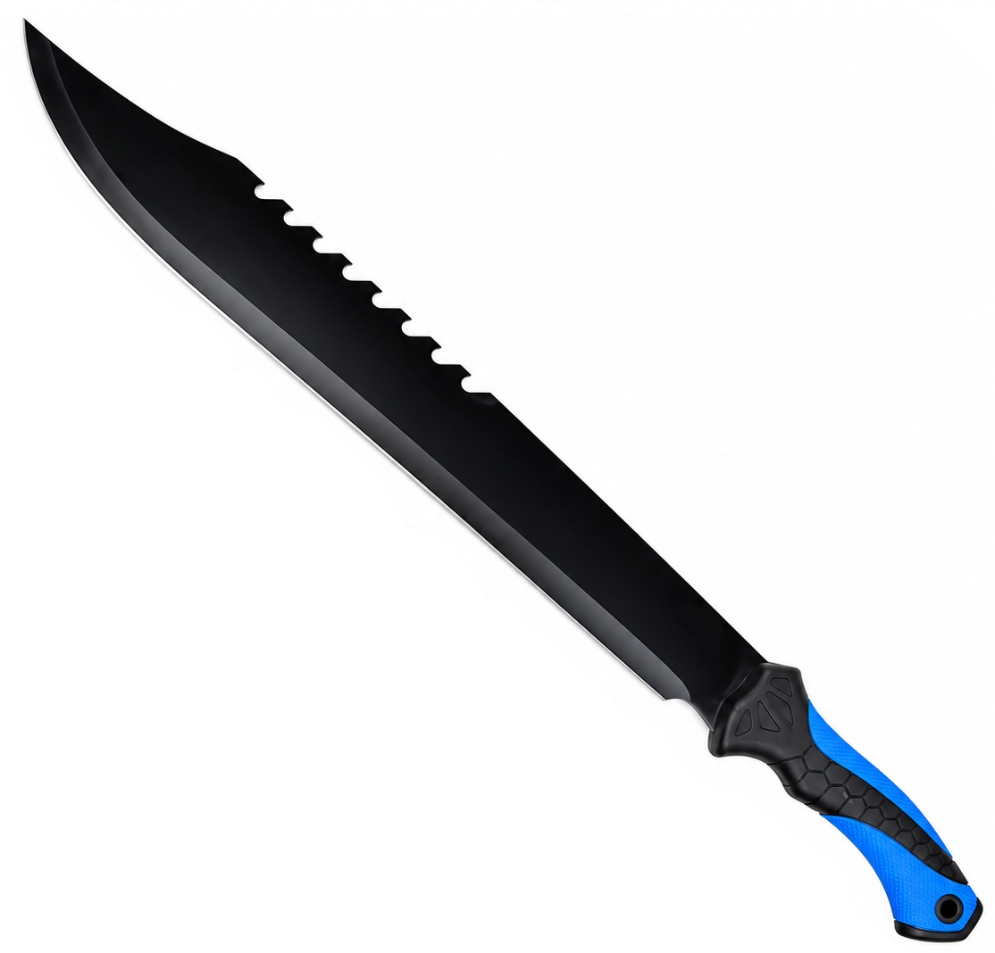 Machette noire 65 cm avec lame courbée, dos cranté et manche bleu.