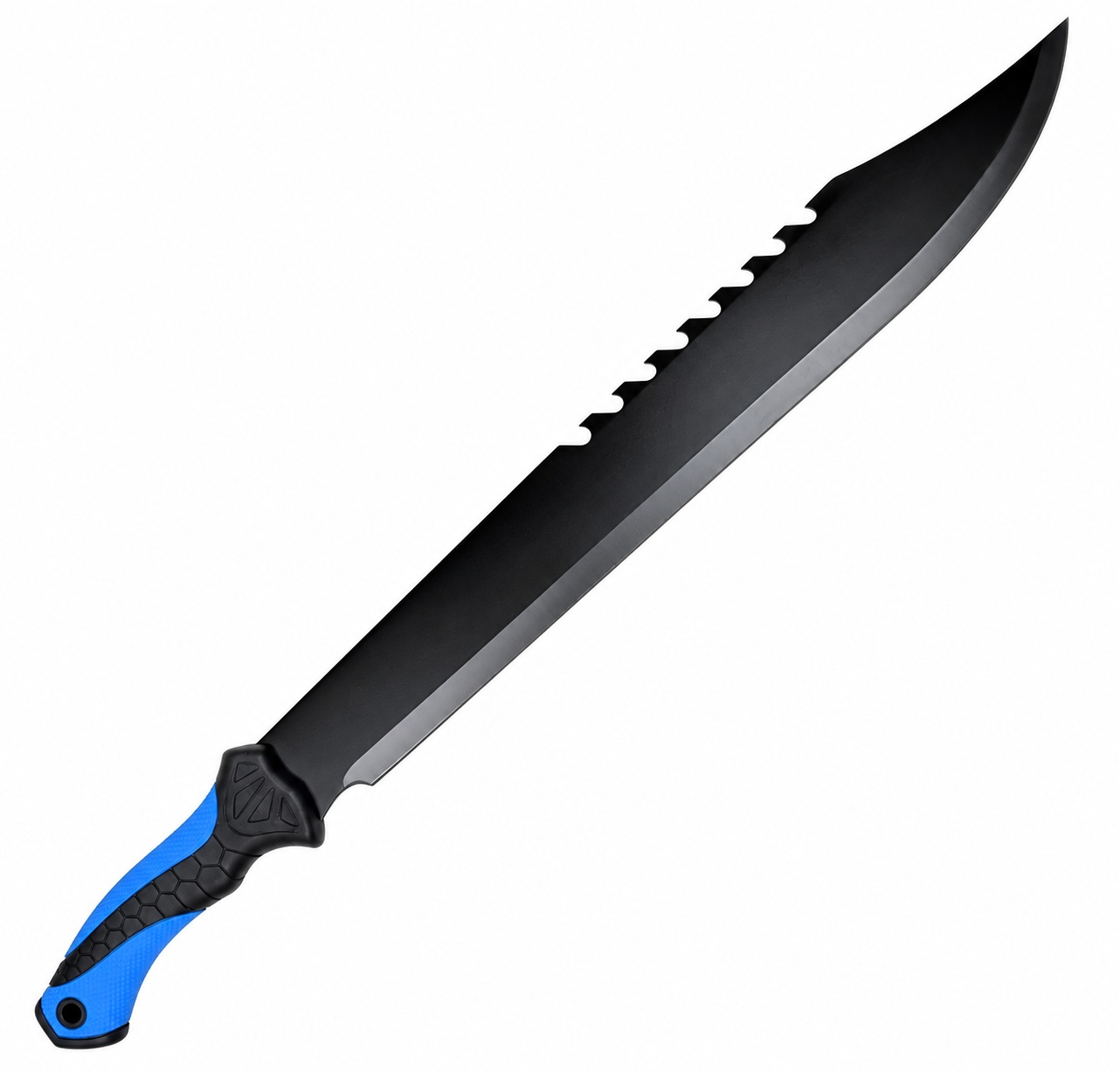 Machette 65 cm à lame noire avec dos cranté et manche antidérapant bleu.