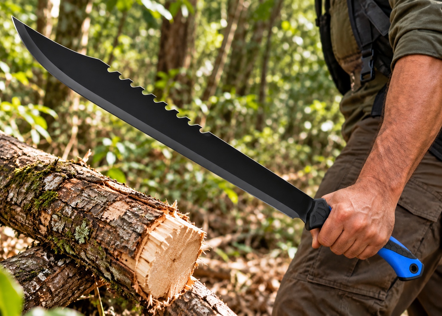 Machette noire et bleue 65 cm tenue en main par un homme en forêt.
