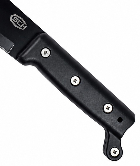Gros plan du manche noir antidérapant de la machette SCK Full Tang.