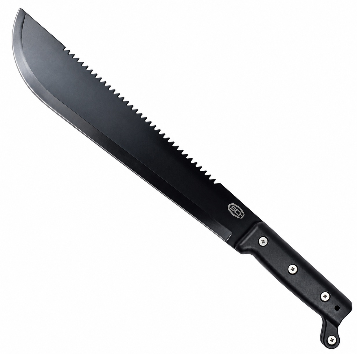 Machette coupe-coupe SCK 45 cm avec lame noire en acier inoxydable et dos cranté.
