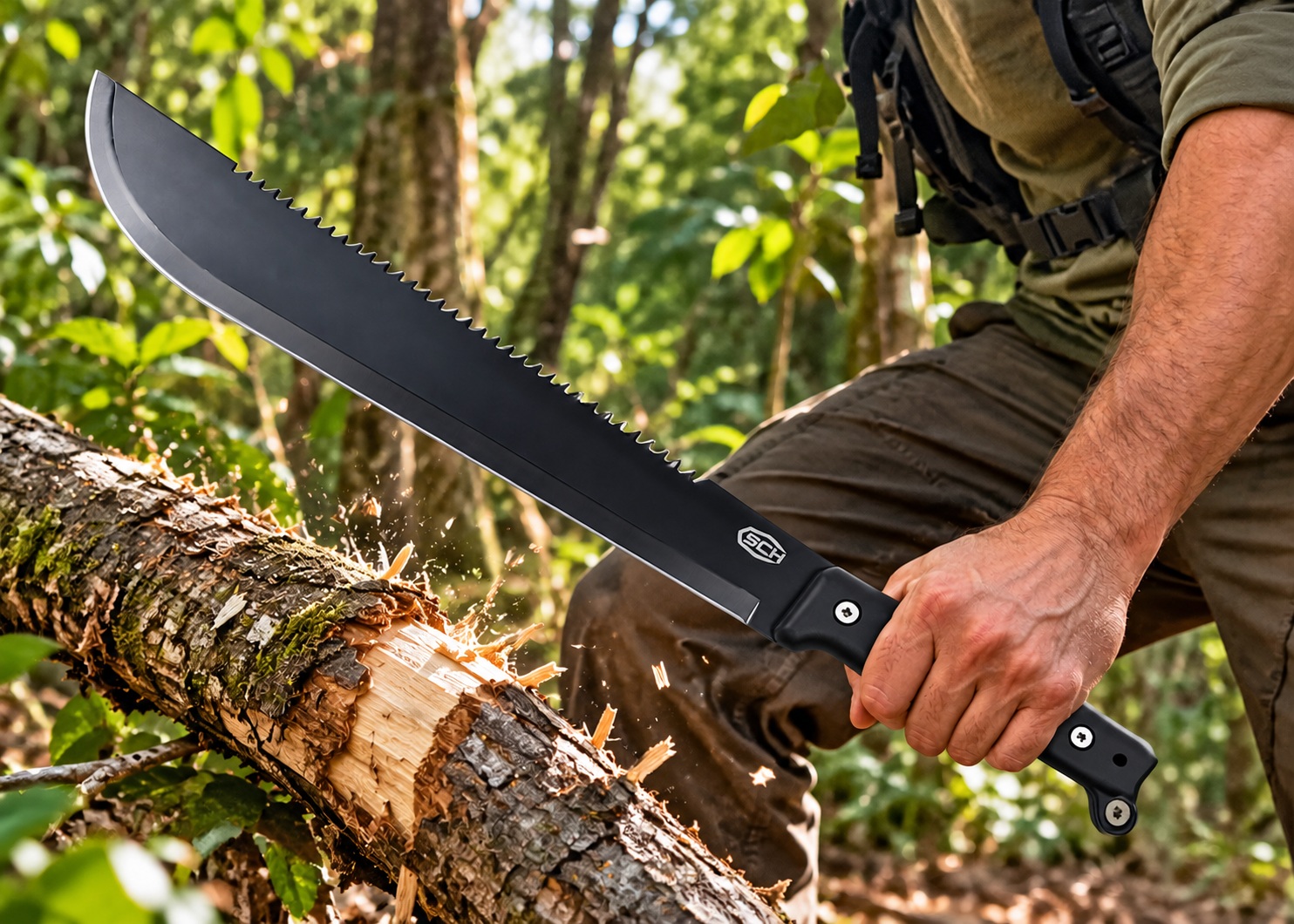 Machette tactique SCK 45 cm en situation dans une forêt, tenue par un homme.