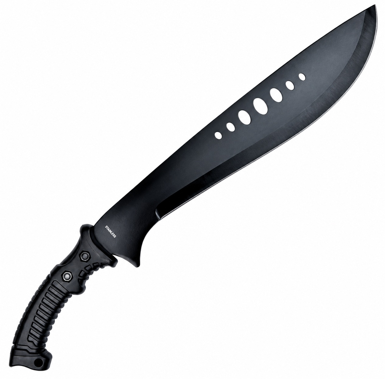 Machette SCH noire avec lame en acier inoxydable perforée, vue de lautre face.
